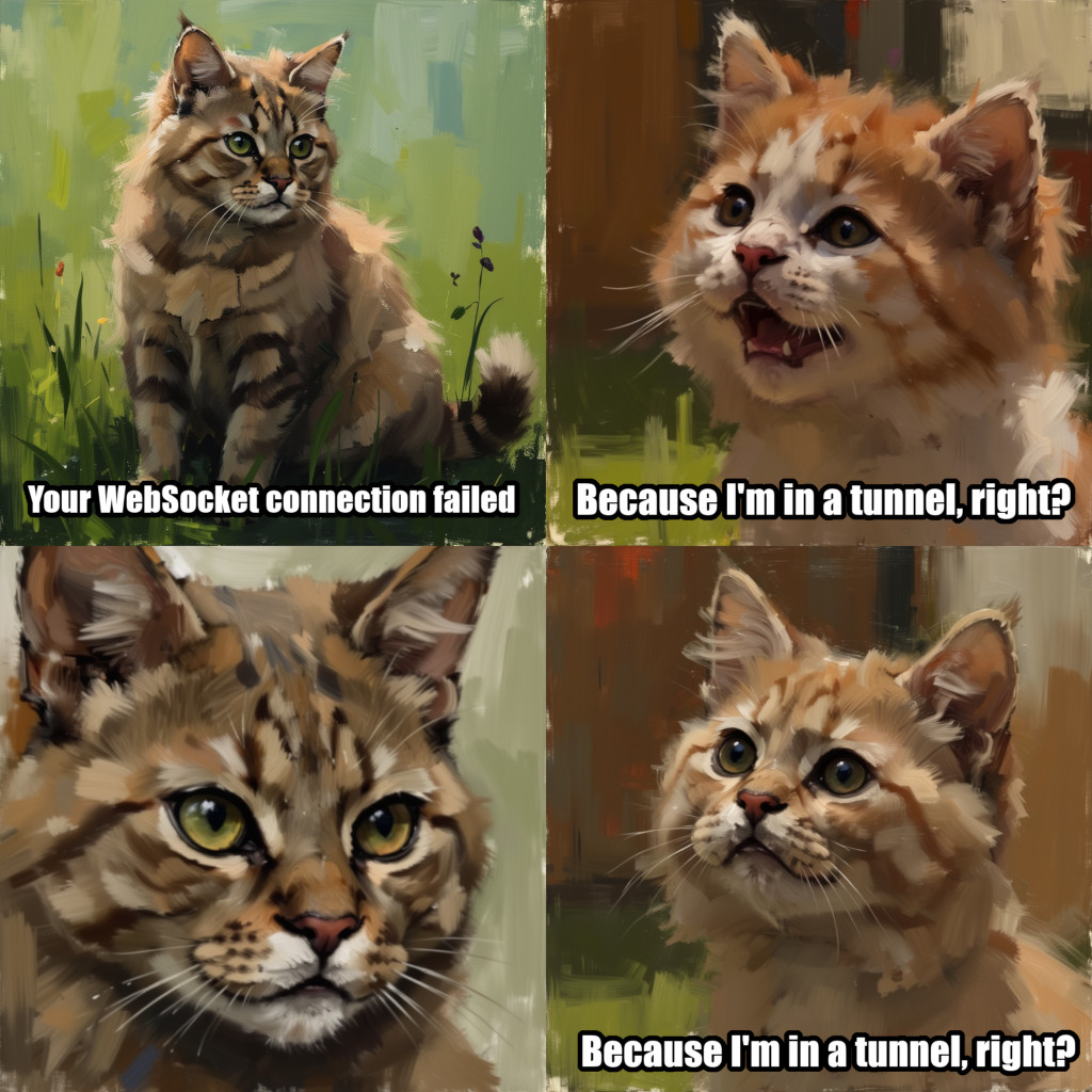A "for the better, right?"" meme, using cats, "Your WebSocket connection failed" / "Because I'm in a tunnel, right?" / <blank> / "Because I'm in a tunnel, right?"