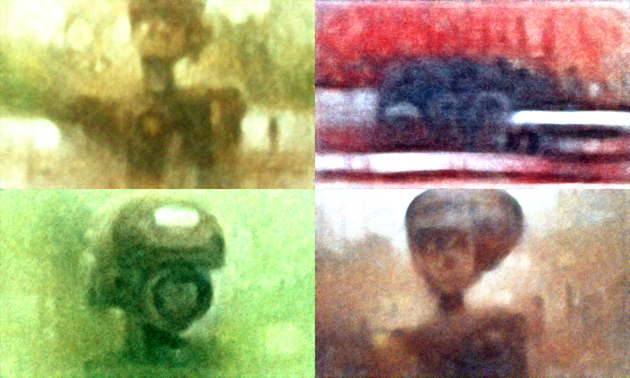 A grid of four small blurry images. The top right one looks a bit like a car, on a red background, while the other three look like a yellow, green, and brown cyborg respectively. The bottom left one is a green cyborg with a camera for a face and a flat cap on.