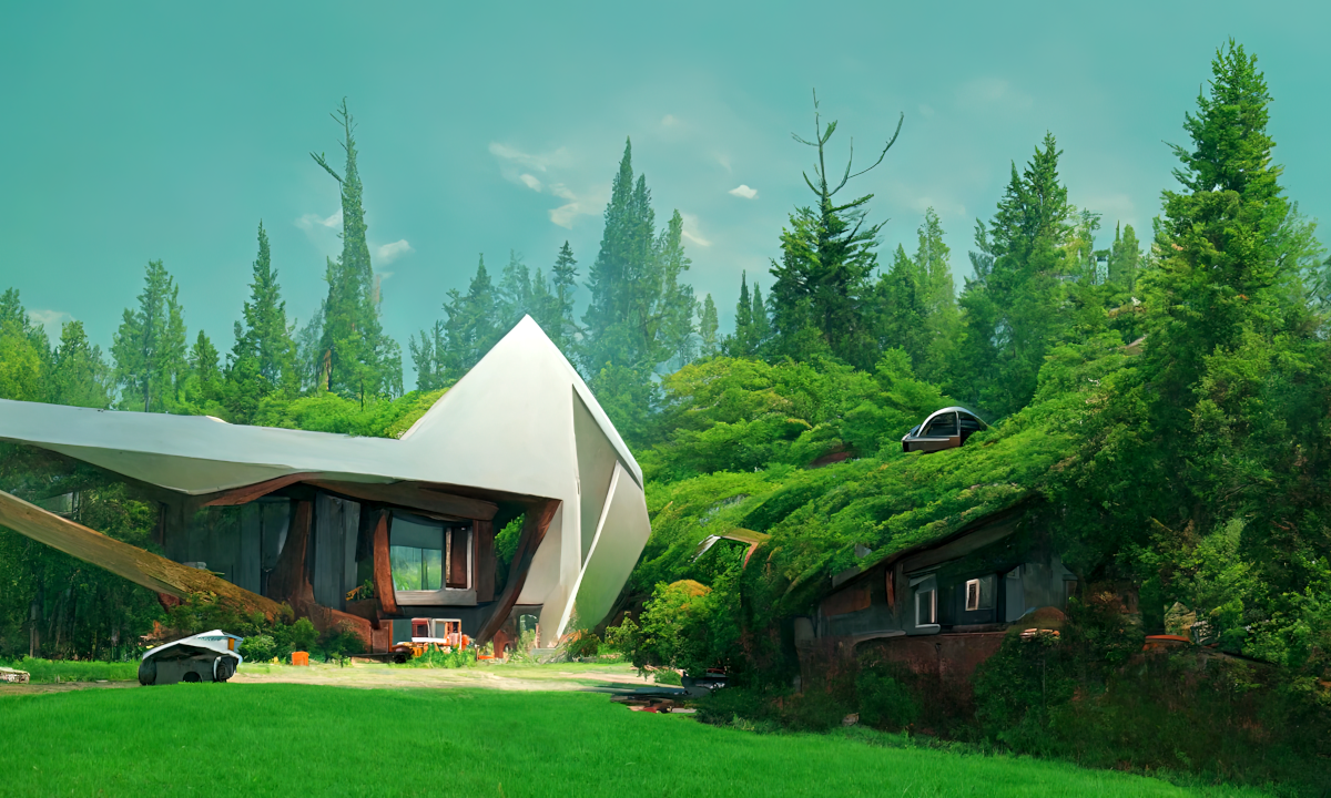 A modernist house sits in a grassy meadow surrounded by forest. A futuristic car is parked outside. The house is an angular mis-mash of shiny steel, dark wood, and glass.