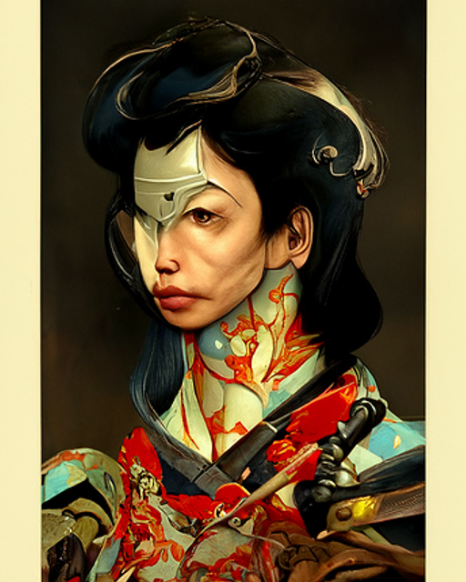 A female Samurai wearing colourful clothes and a metal faceguard.