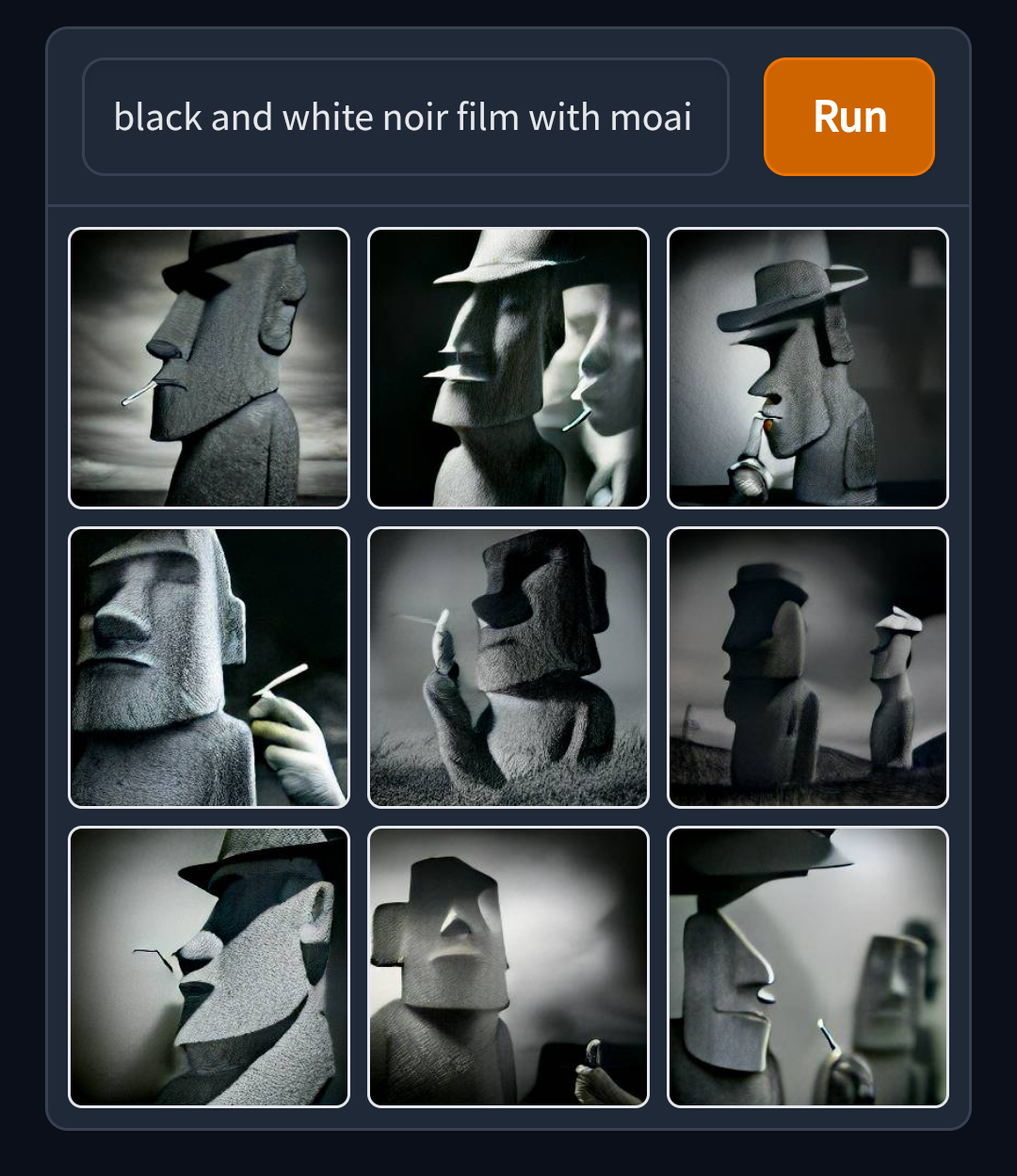 A screenshot of dalle-mini, showing a grid of 9 images generated from the prompt 'Black and white noir film with moai statue detective smoking a cigarette'.