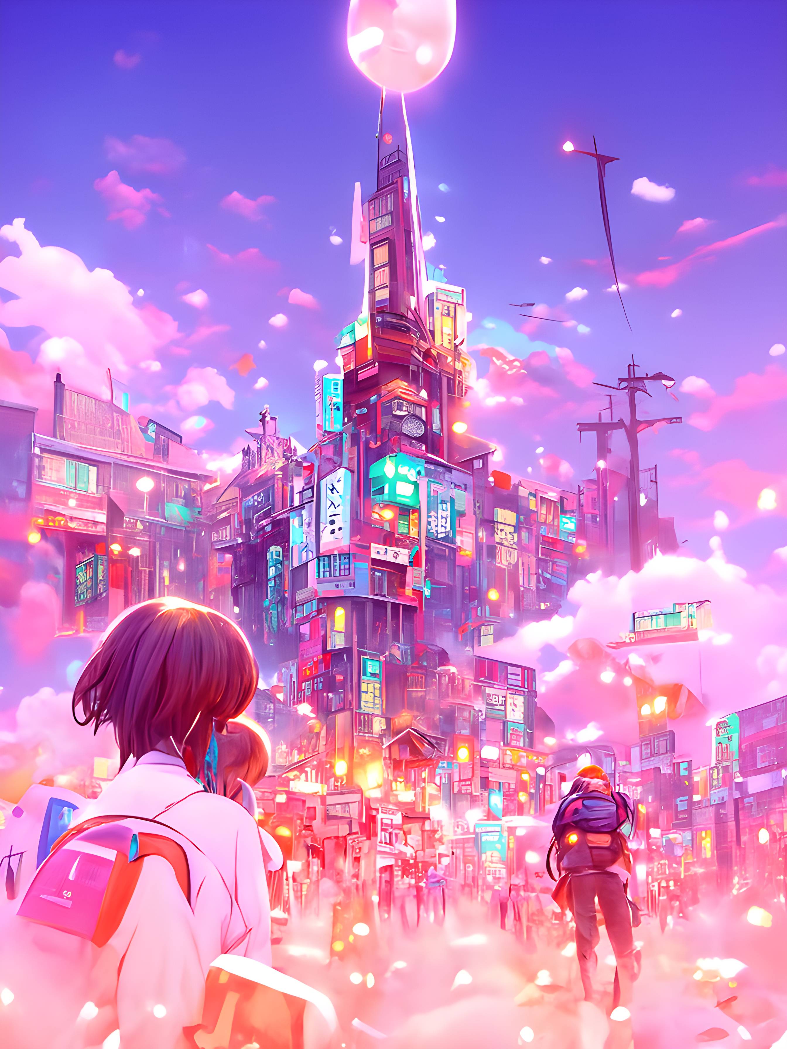 A neon pink geometric cityscape in an anime style. A girl is walking towards the city. The central skyscraper looks like it reaches up towards the moon.