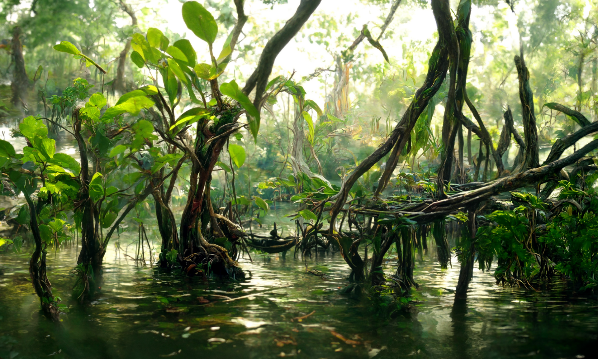 A lush green mangrove swamp, with trees and leaves growing out of the stagnant water.