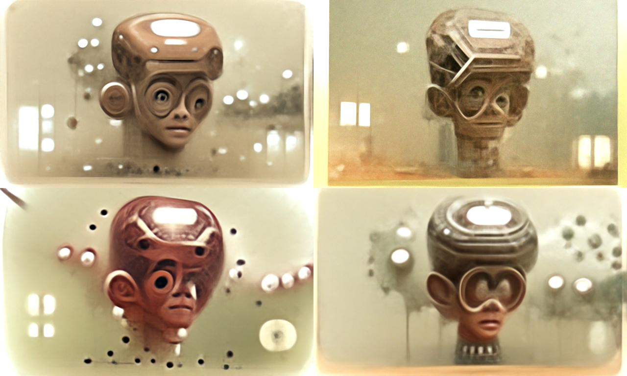 A grid of 4 brown-green images, based off the one I selected in the previous section. The one I picked has what looks like a turban and a large pair of ski goggles on. The background contains some trees and orbs of white light. The other 3 are all missing eyes or have one eye a completely different size/shape.