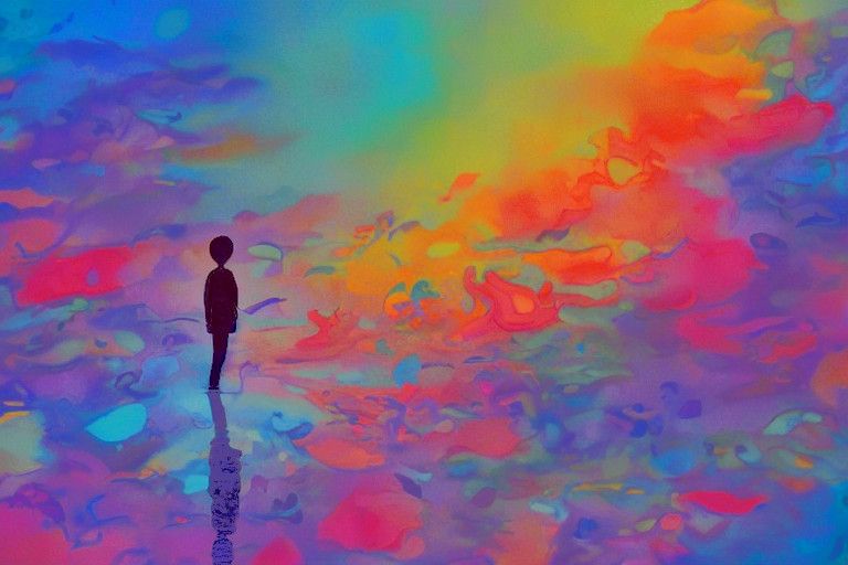 A man stands, silhouetted against a swirling oceanic background of rainbow colors, like pigments dropping into a pool of water