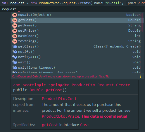 The documentation for getCost() on a DTO class is automatically copied from the Cost interface.