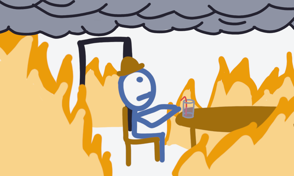 A terrible mspaint doodle of a man in a burning house sitting down and drinking a glass of lemonade, looking unphased.