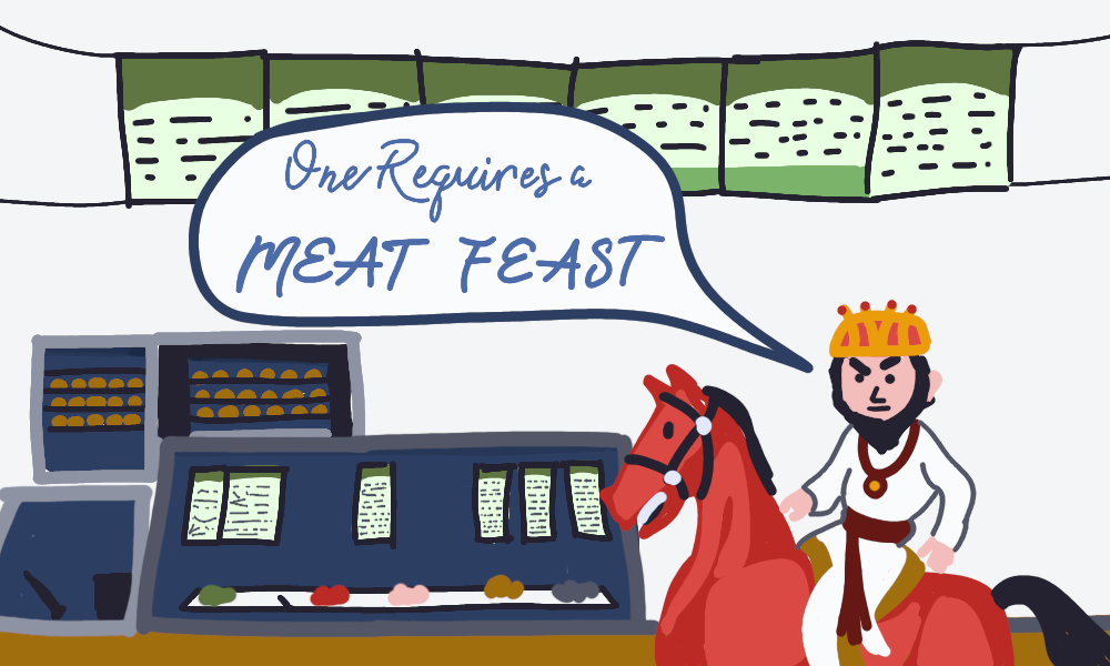 A terrible mspaint doodle of the king riding into subway on horseback and demanding a meat feast.